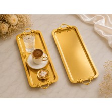 Sunvera Çelik 2'li 13X35 cm Gold Paslanmaz Çelik Servis ve Sunum Tepsisi Aynalı Parlak Gold Kahve Sunum Tepsisi Çay Servis Tepsisi Lokum Çikolata Tatlı Ikram Söz Nişan Damat Kahvesi Tepsi Seti
