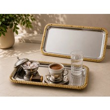 Sunvera Çelik Hasır Desenli 2'li Gold Çerçeveli Gümüş Paslanmaz Çelik Sunum Tepsisi 33X17 cm – Aynalı Kahve, Çay ve Ikram Servis Tepsisi