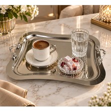 Sunvera Çelik Italyan Model 26X21 cm Gümüş Kulplu Parlak Çay Kahve Sunum Tepsisi 1 Adet