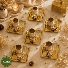 Sunvera Çelik Kare Gold 6'lı Servis Tepsisi Seti Paslanmaz Çelik Kahve Sunumluk Söz Nişan Ikram Tepsisi Lüks Dekoratif Tepsi 22×22