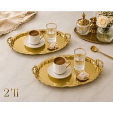 Sunvera Çelik Gold Kulplu Aynalı Gold Sunum Tepsisi 2'li Set 20X26 cm – Çelik Dekoratif Kahve, Çay ve Ikram Servis Tepsisi.