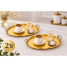 Sunvera Çelik 2'li Gold Paslanmaz Çelik Oval Sunum Tepsisi 20X26 cm Gümüş Lüks Kulplu Çay Servis Ikram Lokum Çikolata Söz Nişan
