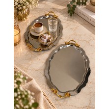 Sunvera Çelik 2'li Paslanmaz Çelik Oval Sunum Tepsisi 20X26 cm Gold Lüks Kulplu Gümüş Kahve Sunum, Çay Servis, Ikram, Lokum, Çikolata Sunumluk
