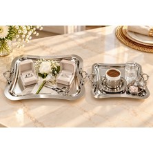 Sunvera Çelik 2’li Söz Nişan ve Damat Kahvesi Sunum Tepsisi Seti Gümüş Saplı Paslanmaz Çelik 26X21 cm + 20X18 cm