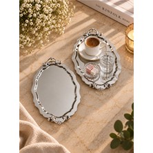 Sunvera Çelik 2 Adet Gümüş Kulplu Kahve Çay Sunum Tepsisi 27X20 cm – Dekoratif Desenli Kenar Servis ve Ikram Tepsisi
