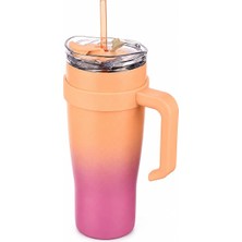 Happy Trend Çift Katmanlı, Pipetli, Saplı Termos Bardak, Termal Matara 1000 ml (Mor+Turuncu)