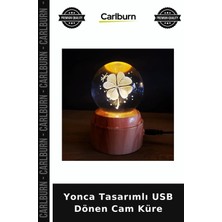 Carlburn Özel Üretim Dekoratif Hediyelik Gece Lambası Masa Üstü Işıklı Yonca Tasarımlı USB Dönen Cam Küre