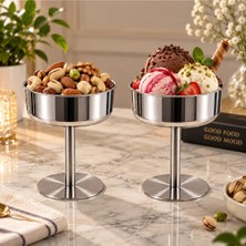 Sunvera Çelik 2’li Ayaklı Dondurma ve Çerez Kasesi 8,5 cm – Paslanmaz Çelik Tatlı, Kuruyemiş, Lokum ve Ikramlık Sunum Kasesi Gümüş