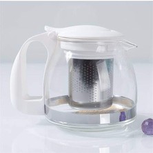 Str Store 1250 ml Borosilikat Süzgeçli Cam Çaydanlık Bitki ve Çay Demliği Beyaz Saplı Kettle ve Çay Makinesi Uyumlu Demlik