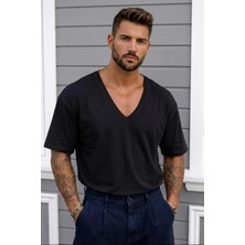 Erkek %100 Pamuklu Etek Oval Kesim Oversize Pamuklu Derin V Yaka Tshırt (9004)