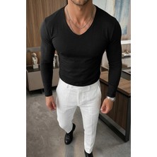 %100 Pamuklu Slim Fit Geniş V Yaka Uzun Kol T-Shırt (9007)