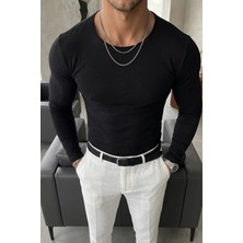 %100 Pamuklu Slim Fit Pis Yaka Uzun Kol T-Shırt (4039)