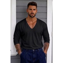 %100 Pamuklu Oversize Derin V Yaka Uzun Kol T-Shırt (9006)