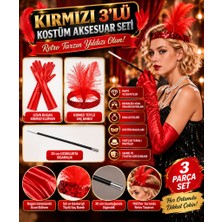 Str Store 1920’LER Tarzı Kırmızı Tüylü Saç Bandı, Kırmızı Rugan Eldiven ve Sigaralık Seti