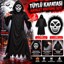 Str Store Tüylü Eva Kafatası Maskeli Siyah Hayalet Kostümü – 140 cm