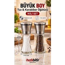 Bymyhand Paslanmaz Çelik Cam Gövdeli Tuz ve Karabiber Öğütücü Baharat Değirmeni 2'li Set (Büyük Boy)