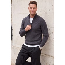 RizzUP Erkek Slim Fit Tüylenmeyen Füme Çizgi Dokulu Triko Kazak – Fermuarlı Dik Yaka Esnek 2708504