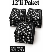 Herşey Nota 12’li Siyah Yin Yang Desenli 52X52 cm %100 Pamuk Fular Bandana Seti