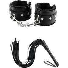 SBN - Store 2li Set Siyah Fantazi Deri Kırbaç Peluş Tüylü Metal Zincirli Kemerli Fantazi Deri Kelepçe