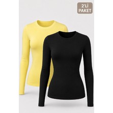 Cockatoo Kadın Siyah Sarı Kaşkorse Yuvarlak Yaka Uzun Kollu Slim Fit 2’li Tişört (48031)