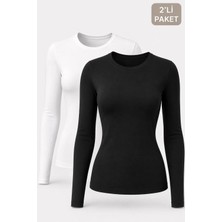 Cockatoo Kadın Beyaz Siyah Kaşkorse Yuvarlak Yaka Uzun Kollu Slim Fit 2’li Tişört (48031)