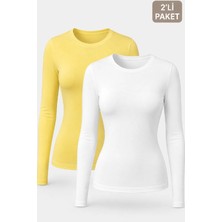 Cockatoo Kadın Sarı Beyaz Kaşkorse Yuvarlak Yaka Uzun Kollu Slim Fit 2’li Tişört (48031)