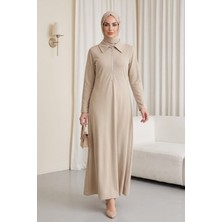 Moda Morfo Yarım Fermuarlı Gömlek Yaka Uzun Oyşo Elbise -Açık Vizon