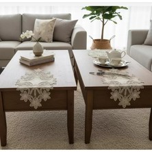 SBN - Store Selena Model Krem Çeyizlik 5 Parça Dantelli Keten Runner Masa Örtüsü Seti
