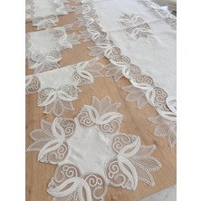 SBN - Store Salon Takımı Çeyizlik Kreme Gümüş Runner Set 5 Parça Keten Ranır Masa Konsol Sehpa Örtüsü Kayla
