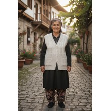 SBN - Store Çeyizlik Yelek, Düğmeli Anne Yeleği, Simli Yelek, Hediyelik Yelek, Gelin Simli Cepli Yelek - Krem