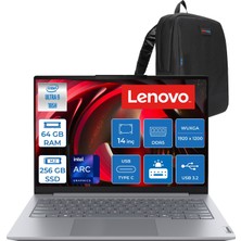 Lenovo Thinkbook 14 G8 Ial Intel Core Ultra 9 185H 64GB Ddr5 256GB SSD Intel Arc Graphics 14" Wuxga IPS Freedos Taşınabilir Bilgisayar 821SJ00PNTXF36 + Zettaçanta