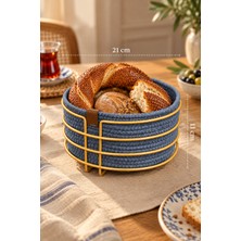 Edora Home Mat Gold Yuvarlak Ekmek Sepeti, Ekmeklik Sunum Sepeti, Turkuaz Makrome Çok Amaçlı Paslanmaz Metal
