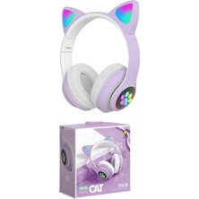Happy Trend Kulaklık Rgb Işıklı Bluetooth Kulaklık Kablosuz Extra Bass Kart Girişli Cat Mikrofonlu, Lila