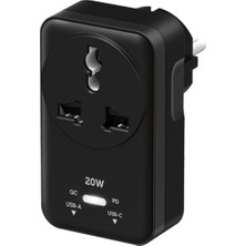 Happy Trend Şarj Özellikli, Akım Korumalı 20W Pd Hızlı Şarjlı Universal Priz Dönüştürücü, 2500W Akım Korumalı, Usb-C ve Usb-A Çıkışlı, Tüm Ülke Fişleri Uyumlu (Siyah)