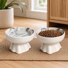 Happy Trend Li Seramik Mama Kabı Kedi ve Köpekler Için Sağlıklı Su Kasesi Marble Ayaklı,yükseltilmiş,boyun Rahatligi ve Omurga Sagligi Destekli Kaymaz Besleme Kabı, Marble-Black
