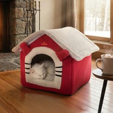 Happy Trend Klasik Çatılı Katlanabilir Kedi Evi ve Küçük Irk Köpek Yatağı – Fermuarlı Çıkarılabilir Üst Bölüm, Minderli Peluş Iç Mekan Kedi Yuvası, Taşınabilir Kulübe