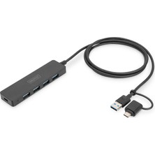 Happy Trend USB Hub - 4 Bağlantı Noktası - USB 3.0-4x Usb-A - 1x Usb-C Güç Konektörü - 5 Gbit/s'ye Kadar - Usb-A - Usb-C Adaptörü Dahil - 1,2 M Kablo Uzunluğu - Ince Çizgi - Siyah