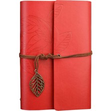 Happy Trend Retro Vintage Yaprak Baskılı Kolye Uçlu Deri Kapaklı Günlük Not Defteri Özel Tasarım Hediyelik Kırmızı