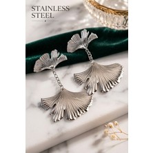 Stainless Steel Pirinç Gümüş Renk Tırtıklı Yaprak Model Sallantılı Küpe
