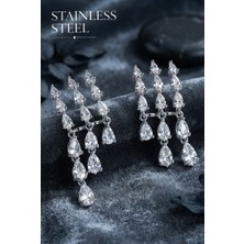 Stainless Steel Pirinç Gümüş Renk Zirkon Taşlı Yağmur Model Küpe