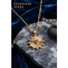 Stainless Steel 316L Çelik Zincir Gold Renk Pembe Zirkon Taşlı Kalp Işleme Madalyon Model Kolye