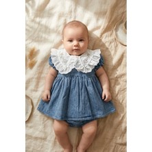 Baby Bu Kız Bebek Mavi Çiçek Nakışlı Brode Yakalı Denim Elbise ve Bloomers Takımı - Vintage Tarz Jean Bebek Takımı