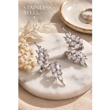 Stainless Steel Pirinç Gümüş Renk Zirkon Taşlı Yaprak Model Küpe