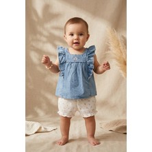 Baby Bu Kız Bebek Fırfırlı Denim Elbise ve Çiçekli Müslin Bloomer Şort 2'li Takım - %100 Pamuklu Vintage Stil