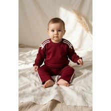 Ciciben Bordo Beyaz Şeritli Kurdele Detaylı Kız Bebek ve Çocuk Pamuklu Eşofman Takımı - Yumuşak Dokulu Iki Iplik Sweatshirt ve Pantolon Seti