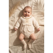 Mini Cayzen Baby Mia Vintage Krem Müslin Bebek Romper Takımı - Dantel Detaylı %100 Pamuklu Fırfırlı Tulum ve Çorap Seti