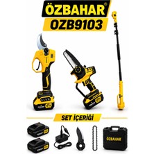 Özbahar OZB9103 21V Profesyonel Kömürsüz Akülü Budama Seti – Dal Budama Makası, Zincirli Testere ve Teleskopik Uzatma Kolu