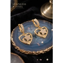 Stainless Steel Pirinç Gold Renk Zirkon Taşlı Kalp Model Ay Yıldız Işleme Küpe