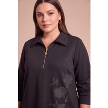 Rmg Fermuar Yakalı Taş Işlemeli Büyük Beden Modal Sweatshirt Siyah