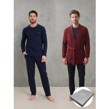 D's Damat Çeyiz Seti Kutulu Özel Seri 3'lü Pijama ve Robdöşambr Takımı Lacivert
